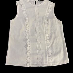 White Shein Sleeveless Mock Neck Lace Trim Keyhole Back Blouse Top Shirt Size S